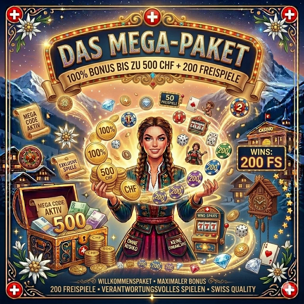 Das Mega-Paket: 100% Bonus bis zu 500 CHF + 200 Freispiele